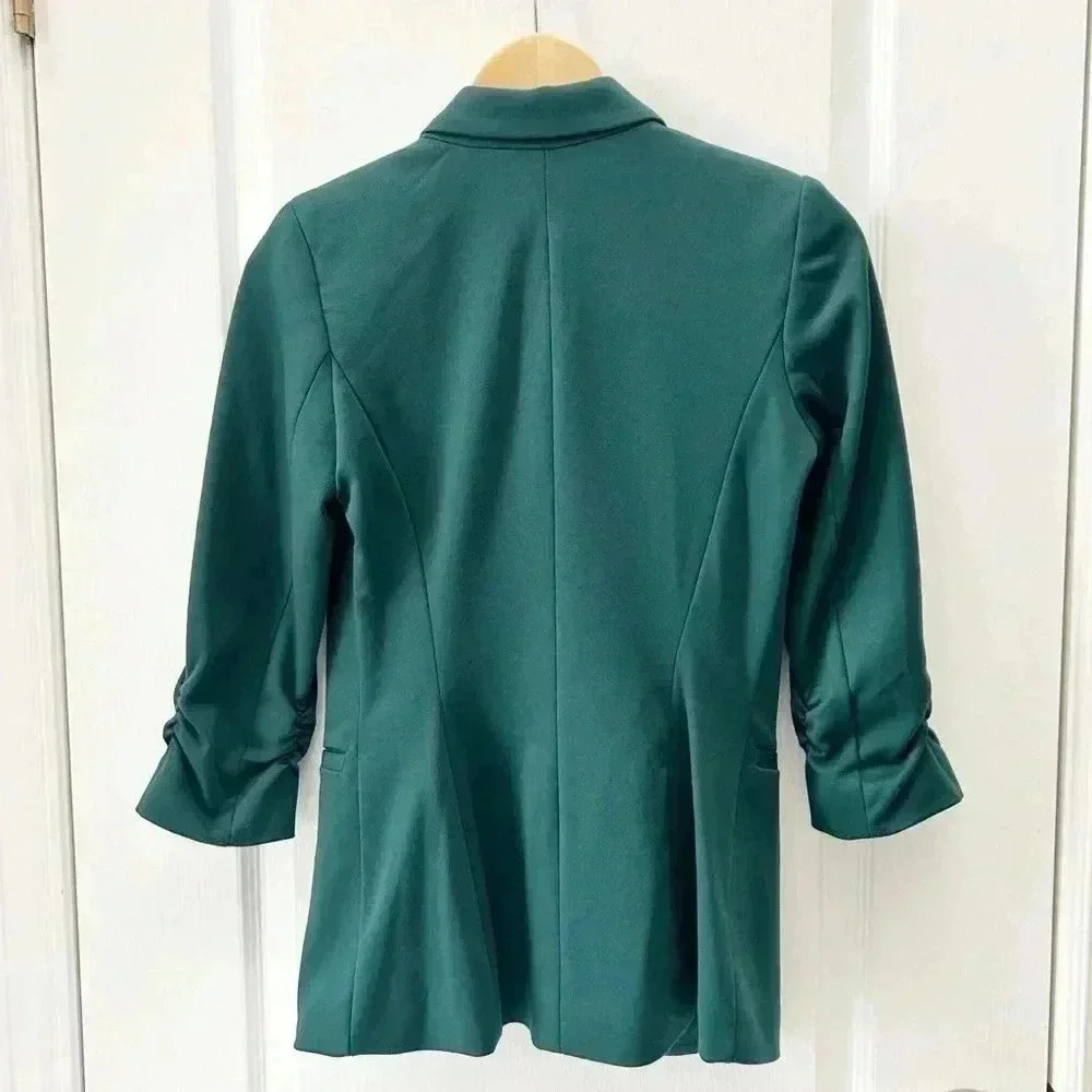 Ricki’s  Blazer Ponte Knit 3/4 Ruched Sleeves Single Breasted Forest Green XS - Picture 6 of 12